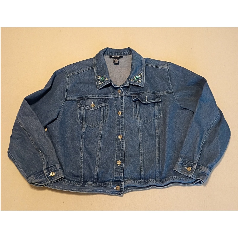 Denim & Co Womens 1X Blue Denim Jacket Floral Embroidered Collar Cotton‎ Jacket